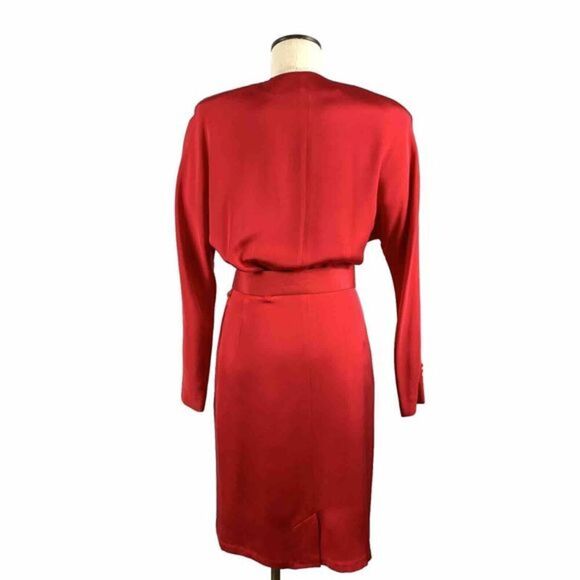 VTG Linda Allard Ellen Tracy Red Silk Wrap Dress Long Sleeve with Button Cuff 6 - Picture 6 of 12